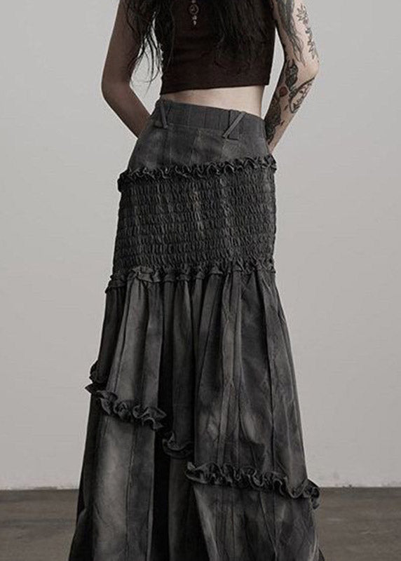 Vintage Dark Grey Ruffled Patchwork A Line Skirts