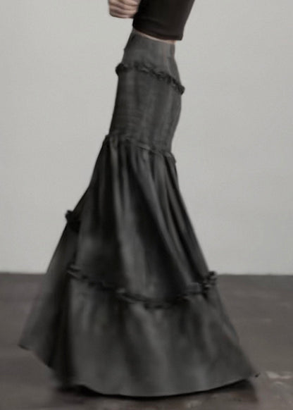 Vintage Dark Grey Ruffled Patchwork A Line Skirts