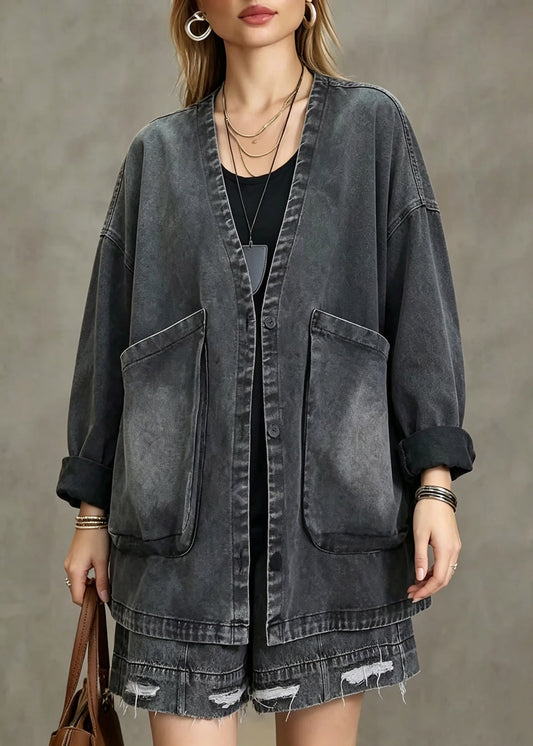 Vintage Dark Grey V Neck Pockets Denim Coat Fall