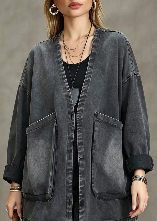 Vintage Dark Grey V Neck Pockets Denim Coat Fall