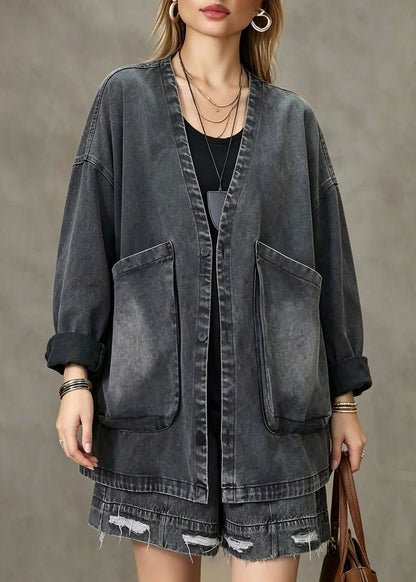 Vintage Dark Grey V Neck Pockets Denim Coat Fall
