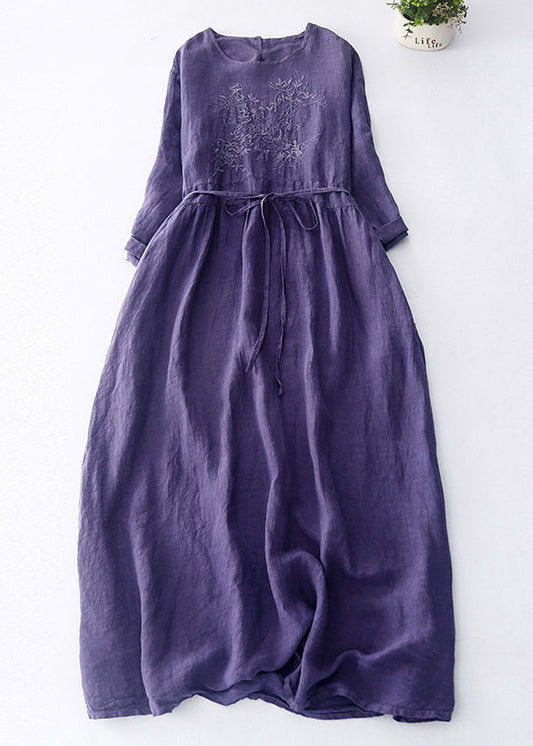 Vintage Dark Purple Embroidered Tie Waist Linen Maxi Dress Spring