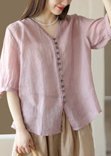 Load image into Gallery viewer, Vintage Deep Red V Neck Button Patchwork Linen Shirt Top Summer