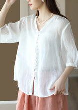 Load image into Gallery viewer, Vintage Deep Red V Neck Button Patchwork Linen Shirt Top Summer