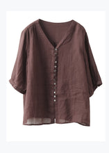 Load image into Gallery viewer, Vintage Deep Red V Neck Button Patchwork Linen Shirt Top Summer