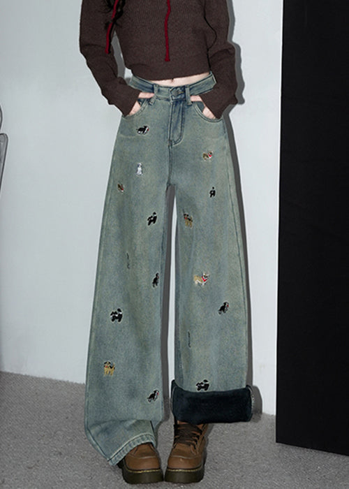 Vintage Denim Blue Embroidered Pockets Warm Fleece Pants