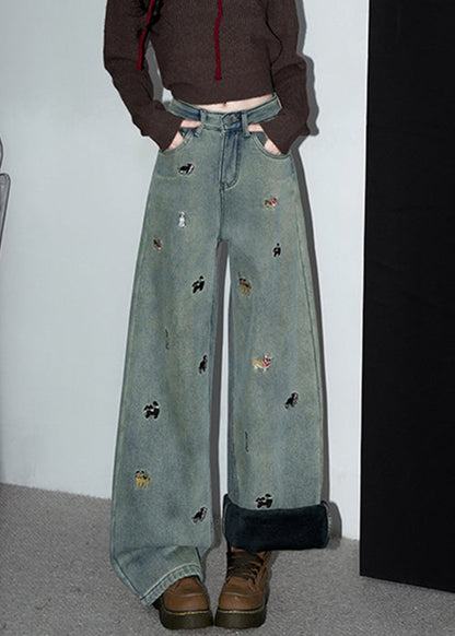 Vintage Denim Blue Embroidered Pockets Warm Fleece Pants