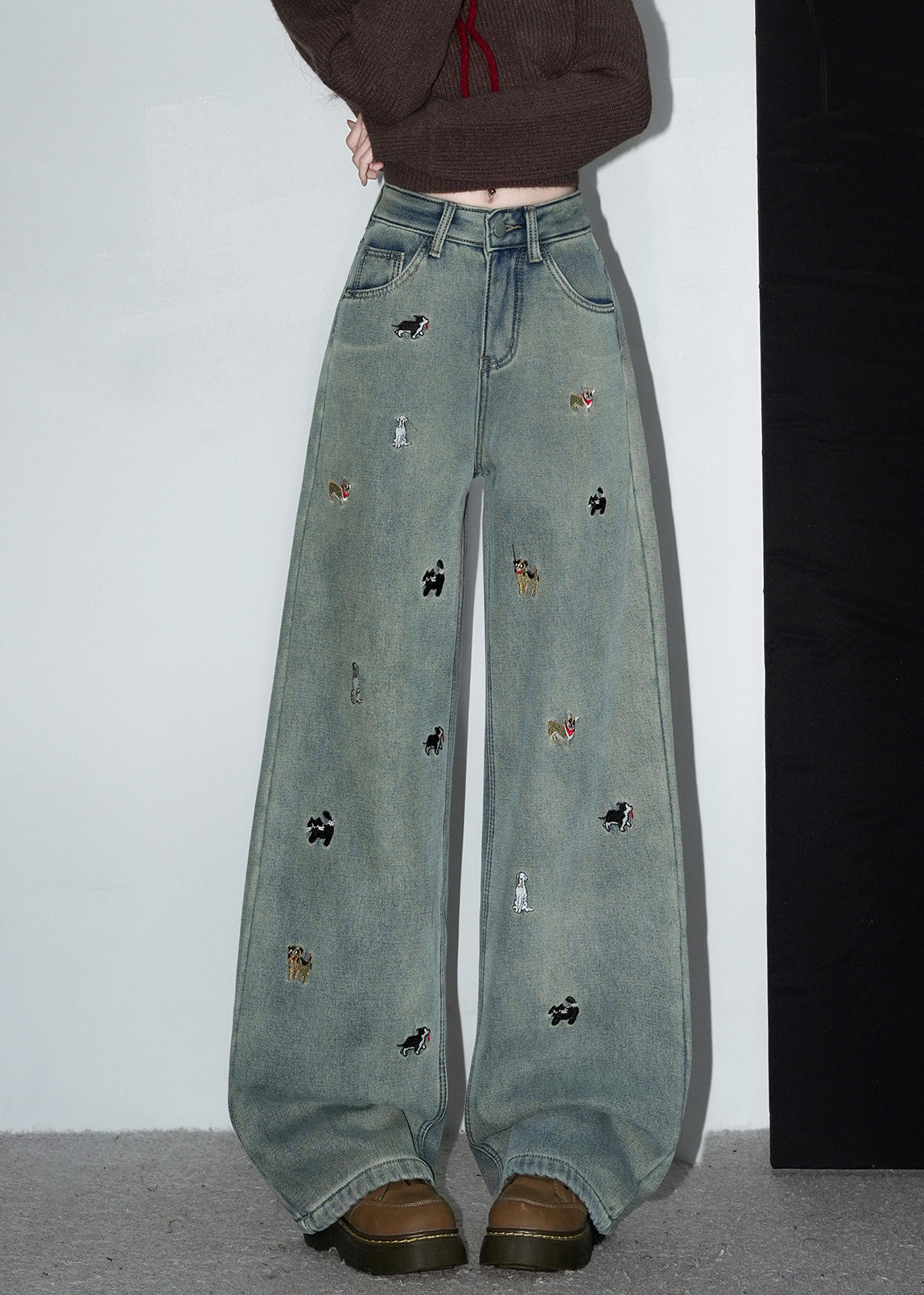 Vintage Denim Blue Embroidered Pockets Warm Fleece Pants