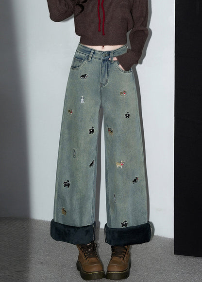 Vintage Denim Blue Embroidered Pockets Warm Fleece Pants