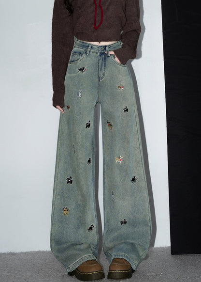 Vintage Denim Blue Embroidered Pockets Warm Fleece Pants