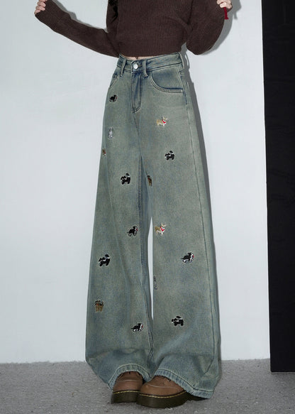 Vintage Denim Blue Embroidered Pockets Warm Fleece Pants