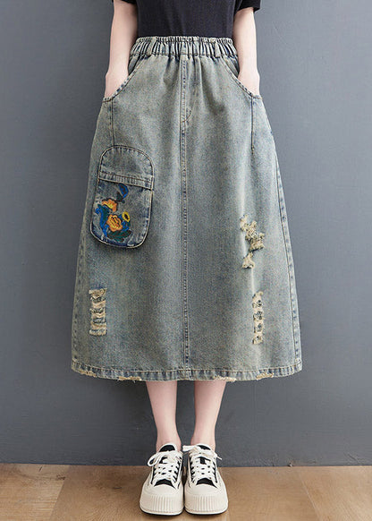 Vintage Denim Blue Hole Elastic Waist A Line Skirts Summer