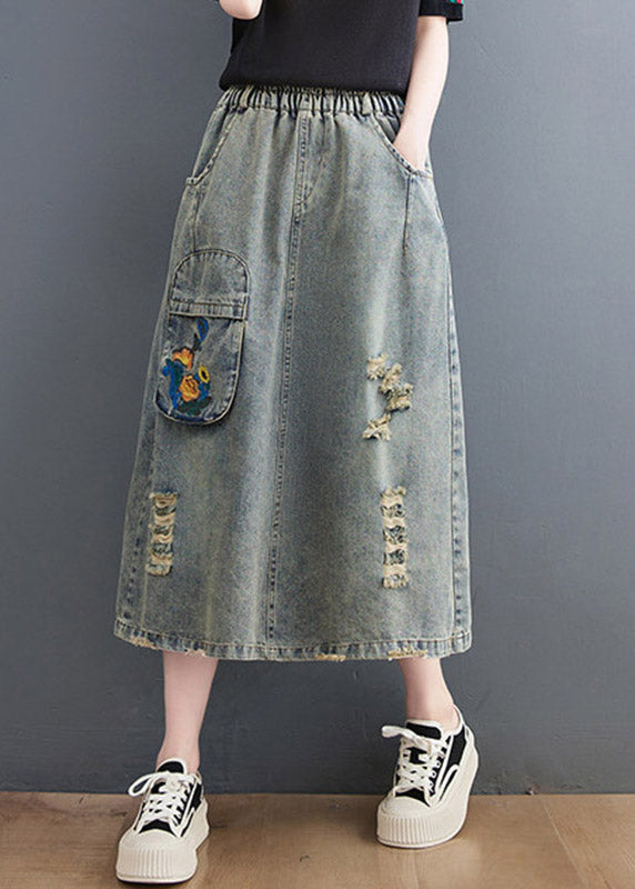 Vintage Denim Blue Hole Elastic Waist A Line Skirts Summer