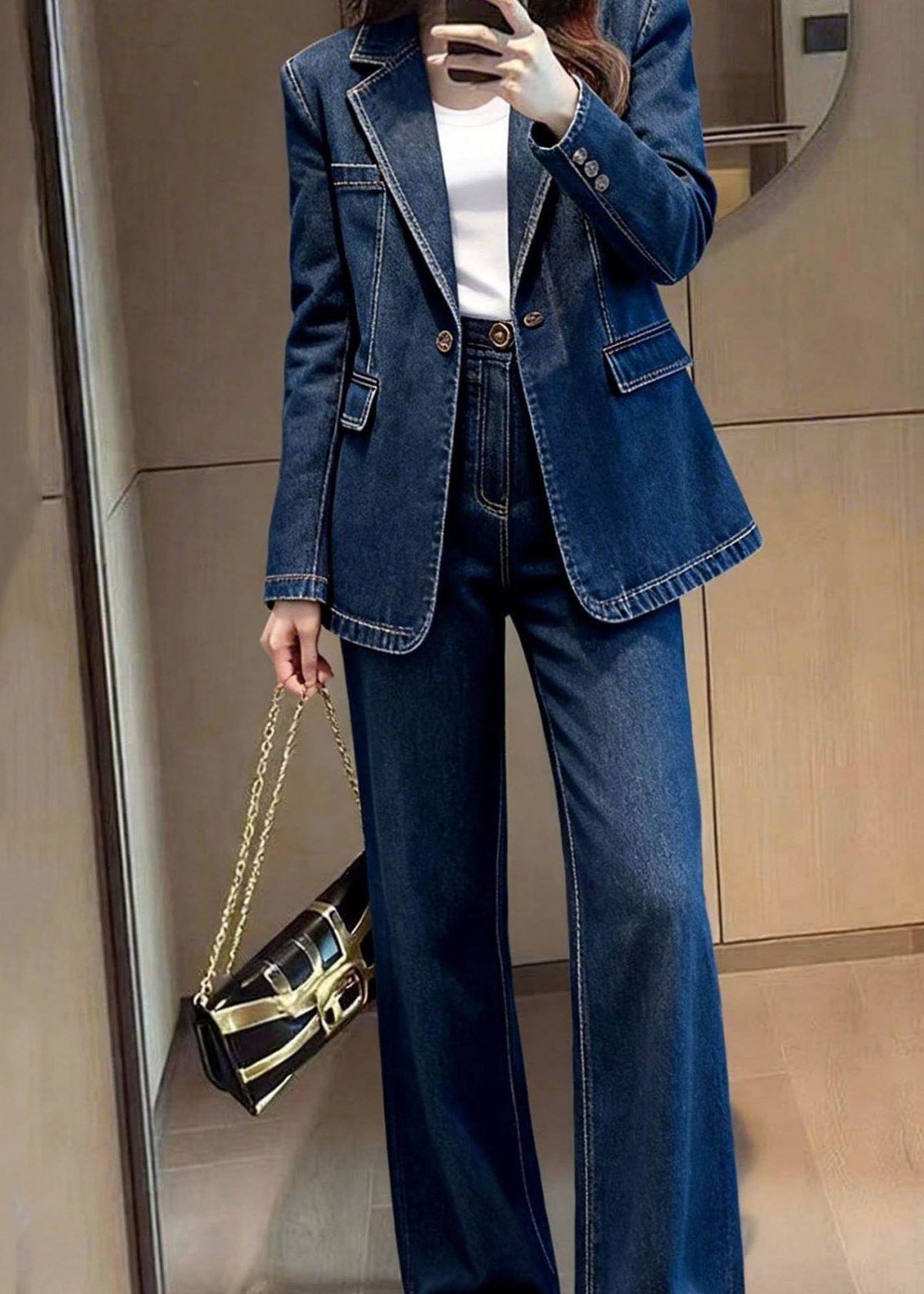 Vintage Denim Blue Patchwork Blazer And Jeans Two Piece Set Fall
