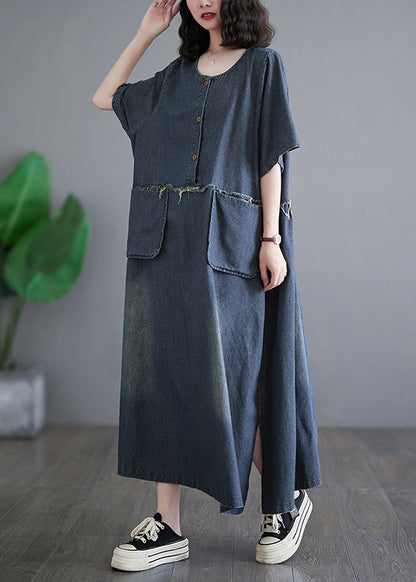 Vintage Denim Blue Patchwork Side Open Button Maxi Dresses Short Sleeve