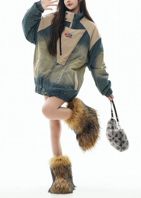 Vintage Denim Blue Stand Collar Patchwork Fine Cotton Filled Coats Winter