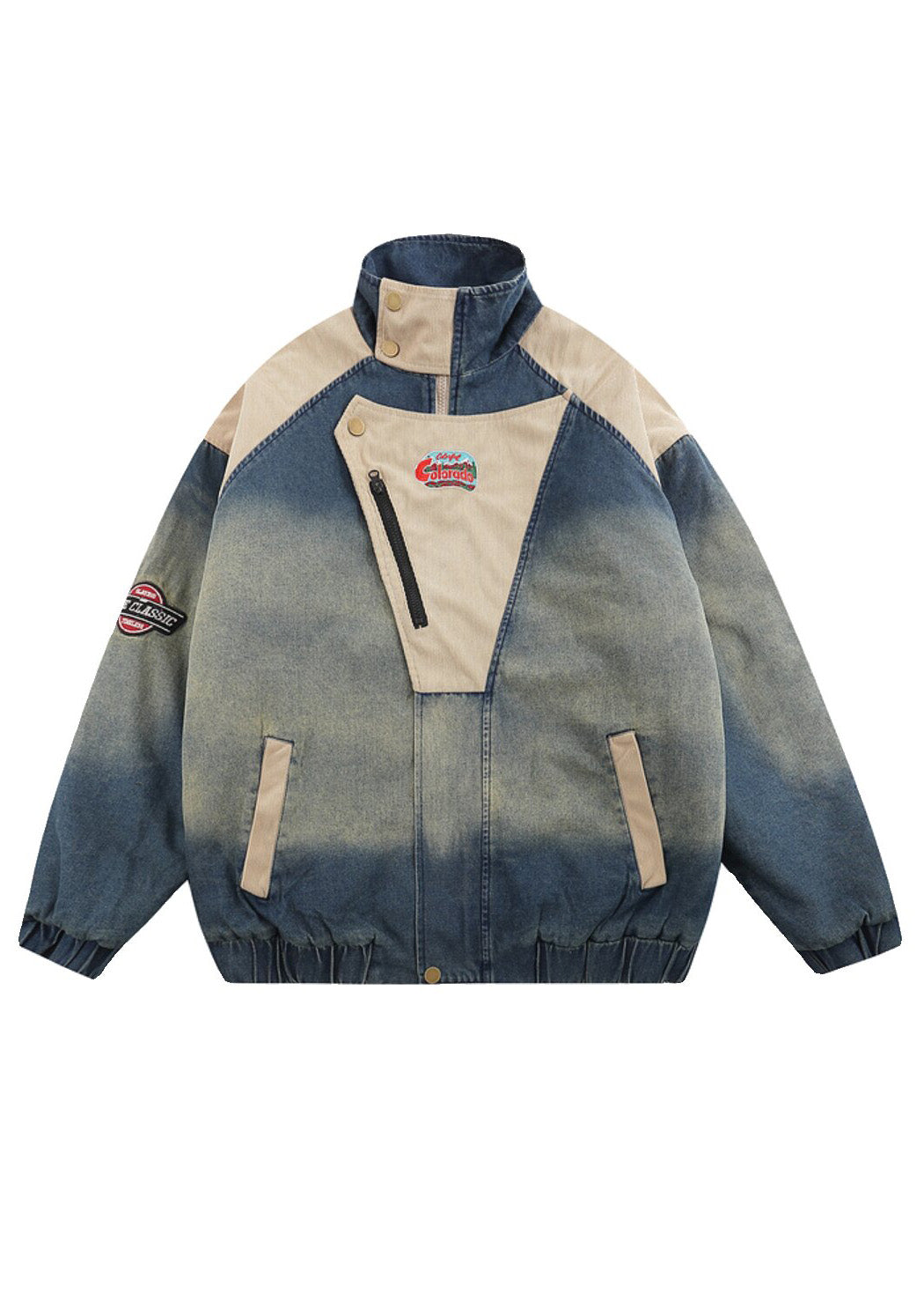 Vintage Denim Blue Stand Collar Patchwork Fine Cotton Filled Coats Winter