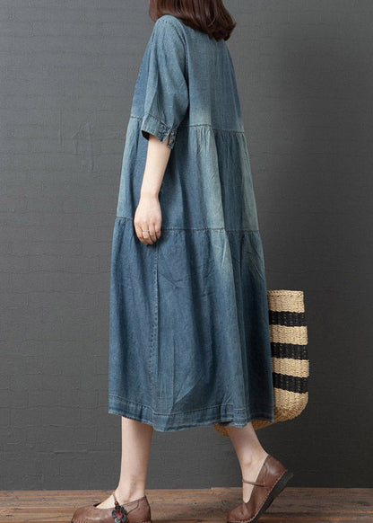 Vintage Denim Blue V Neck Patchwork Dresses Half Sleeve