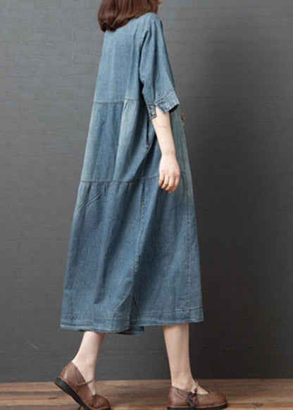 Vintage Denim Blue V Neck Patchwork Dresses Half Sleeve