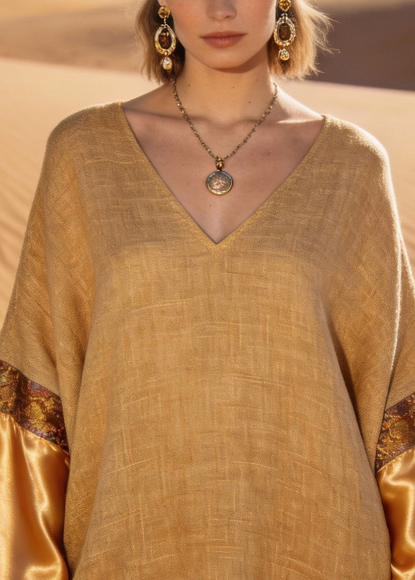 Vintage Earth Yellow V Neck Print Silk Patchwork Linen Mini Dresses Spring