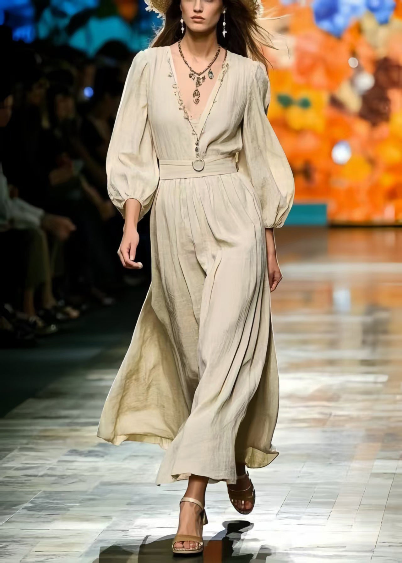 Vintage Exra Large Hem Linen Maxi Dress Bracelet Sleeve