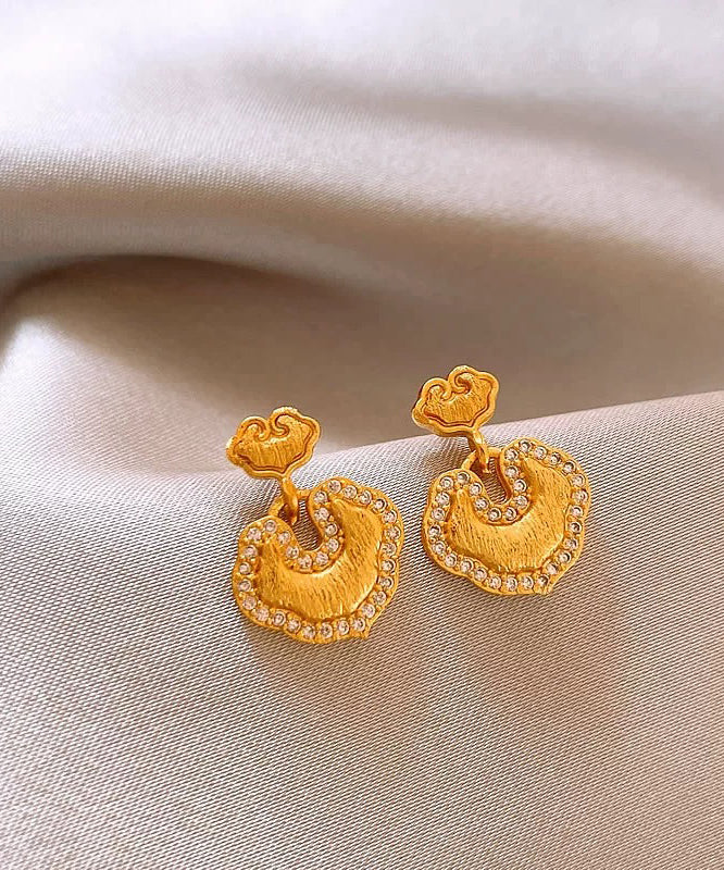 Vintage Gold Copper Overgild Zircon Ruyi LockStud Earrings