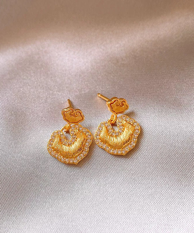 Vintage Gold Copper Overgild Zircon Ruyi LockStud Earrings