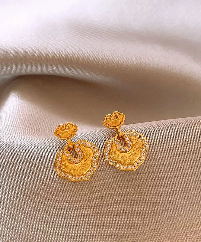 Vintage Gold Copper Overgild Zircon Ruyi LockStud Earrings