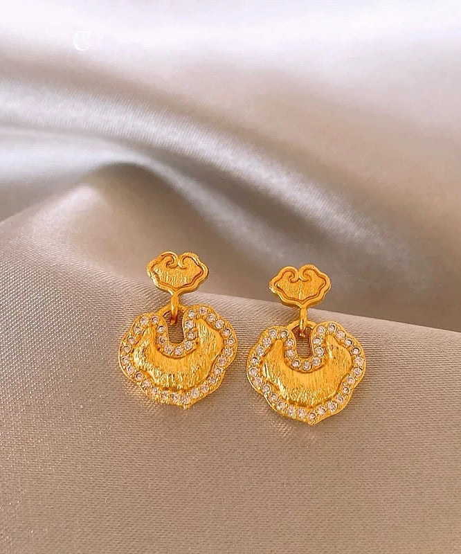 Vintage Gold Copper Overgild Zircon Ruyi LockStud Earrings