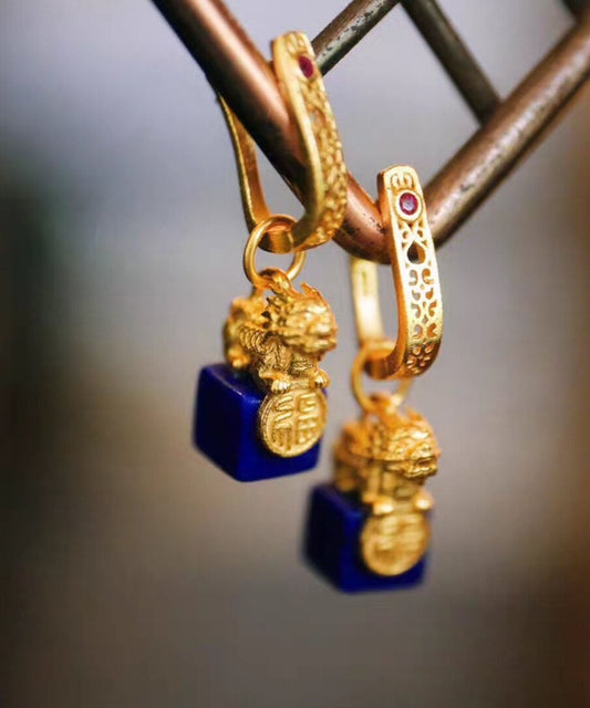 Vintage Gold Sterling Silver Overgild A Mythical Wild Animal Drop Earrings