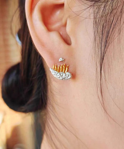 Vintage Gold Sterling Silver Overgild Auspicious Clouds Lotus Six Buddhas Stud Earrings