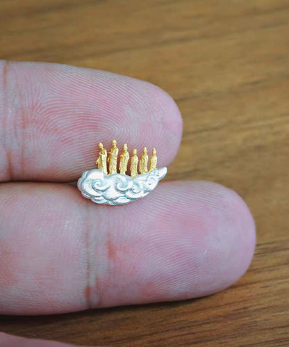 Vintage Gold Sterling Silver Overgild Auspicious Clouds Lotus Six Buddhas Stud Earrings