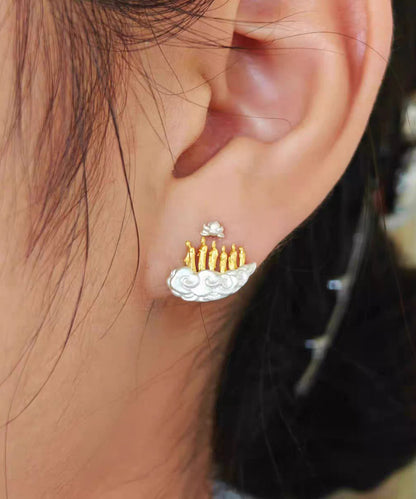 Vintage Gold Sterling Silver Overgild Auspicious Clouds Lotus Six Buddhas Stud Earrings
