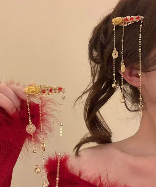 Vintage Gold Sterling Silver Overgild Copper Coin Sycee Tassel A Pair Hairpin