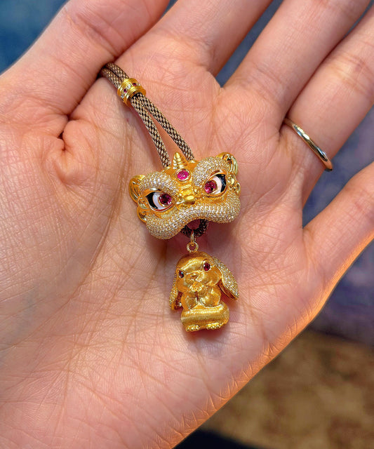 Vintage Gold Sterling Silver Overgild Lion Dance Pendant Necklace