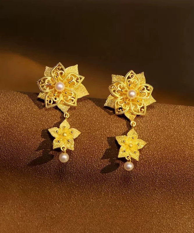 Vintage Gold Sterling Silver Overgild Pearl Floral Drop Earrings