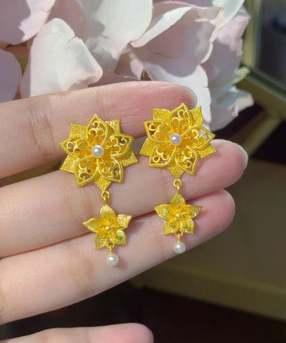 Vintage Gold Sterling Silver Overgild Pearl Floral Drop Earrings