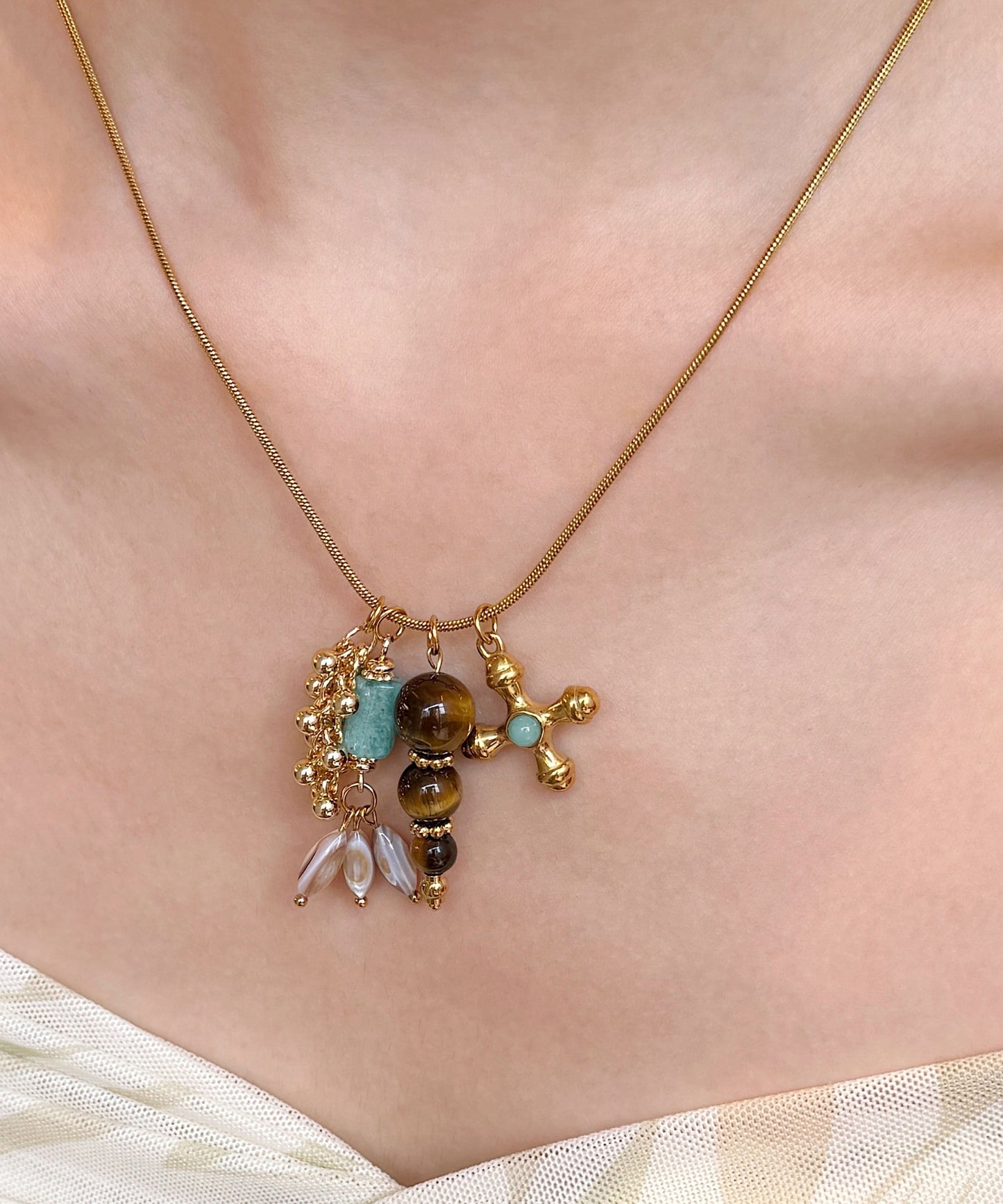 Vintage Gold Tiger's Eye Cross Gold Plated Pendant Necklace