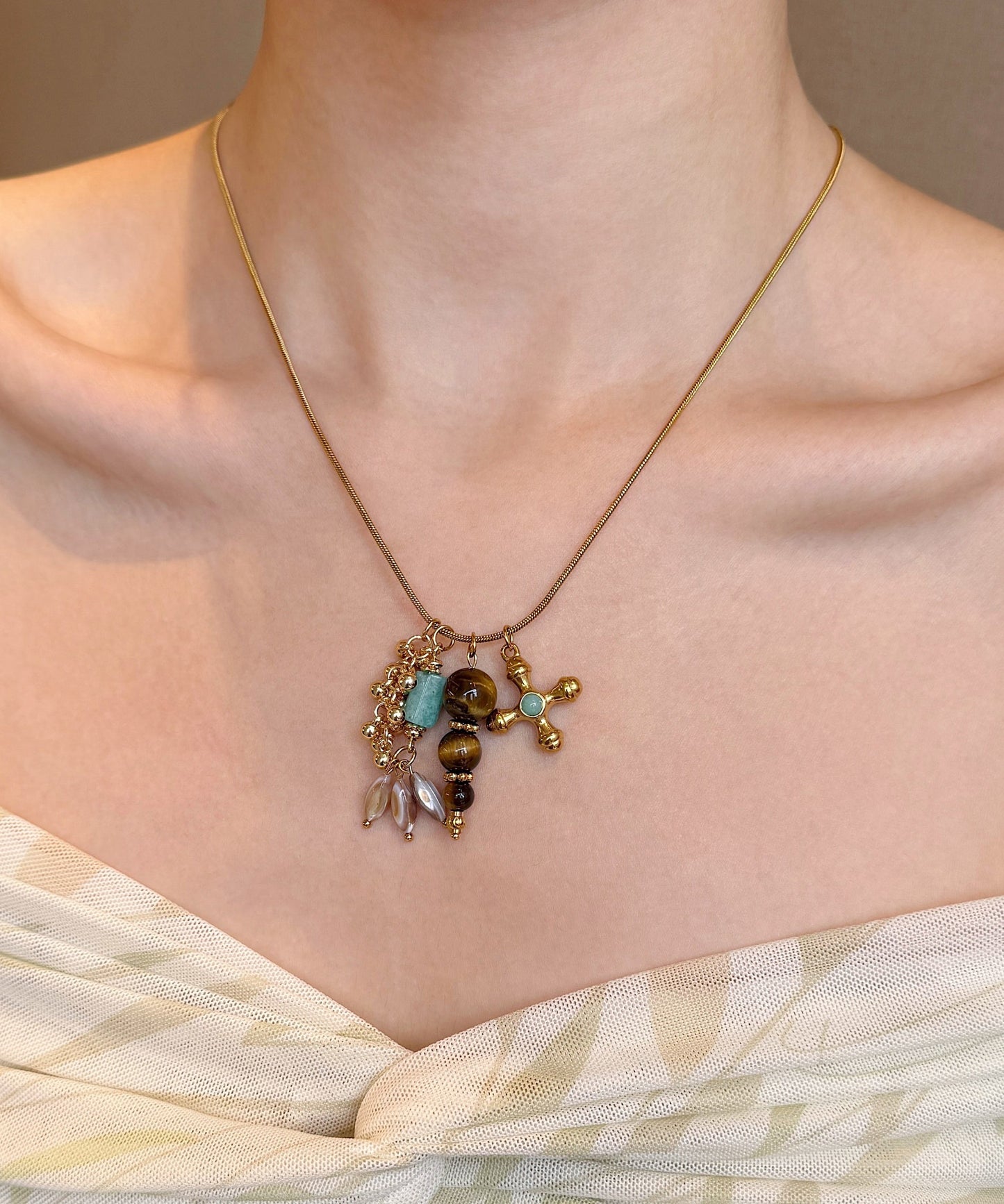 Vintage Gold Tiger's Eye Cross Gold Plated Pendant Necklace