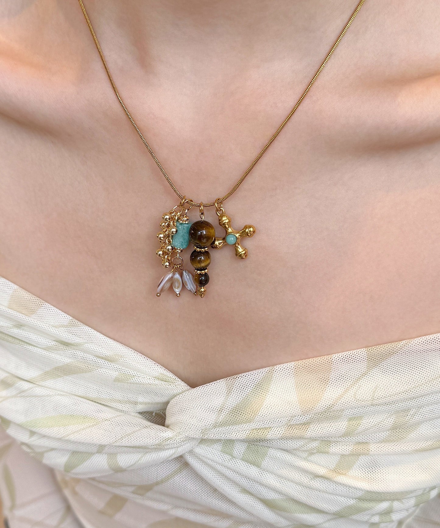 Vintage Gold Tiger's Eye Cross Gold Plated Pendant Necklace