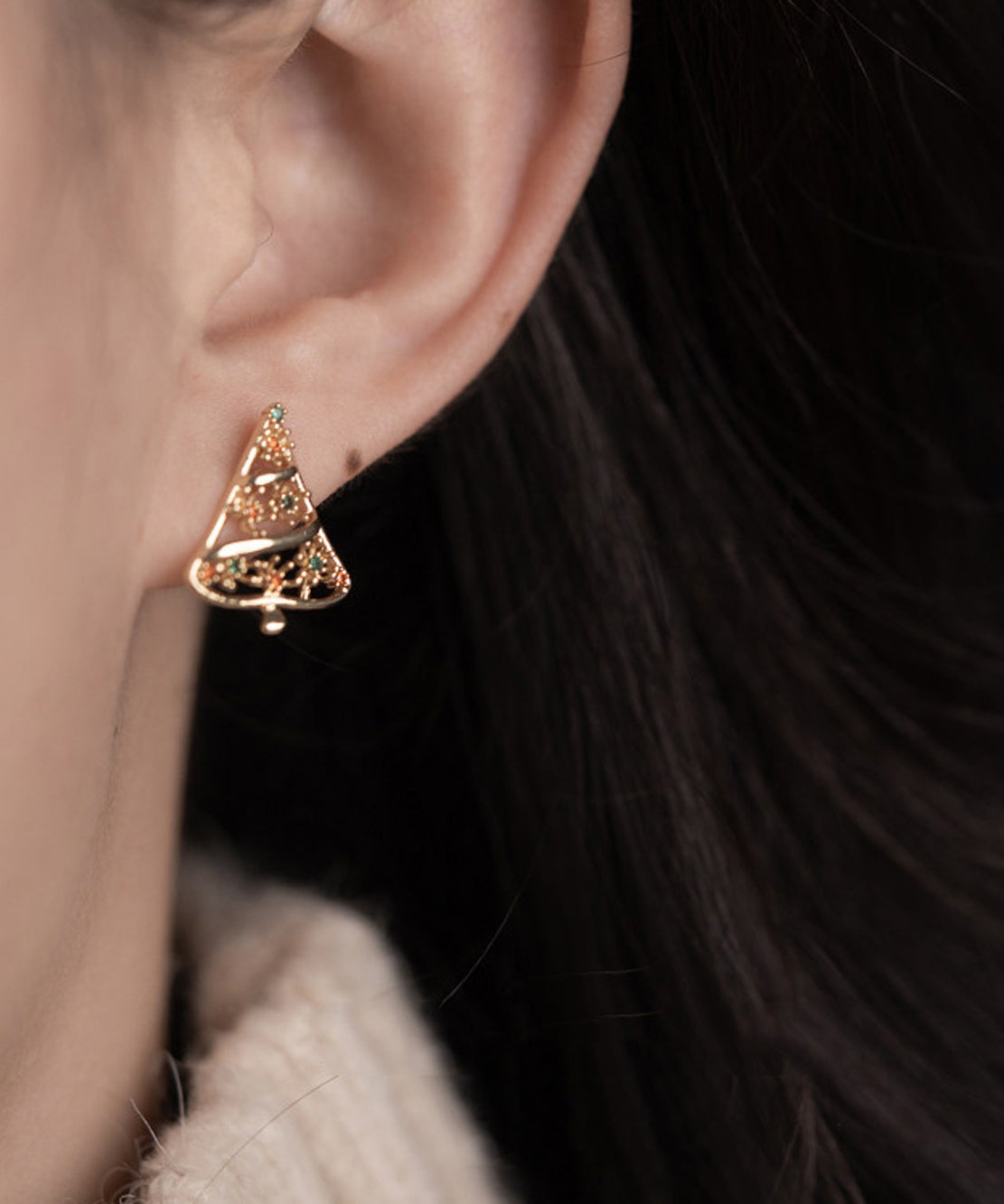 Vintage Gold Zircon Copper Hollow Out Chrstmas Tree Stud Earrings