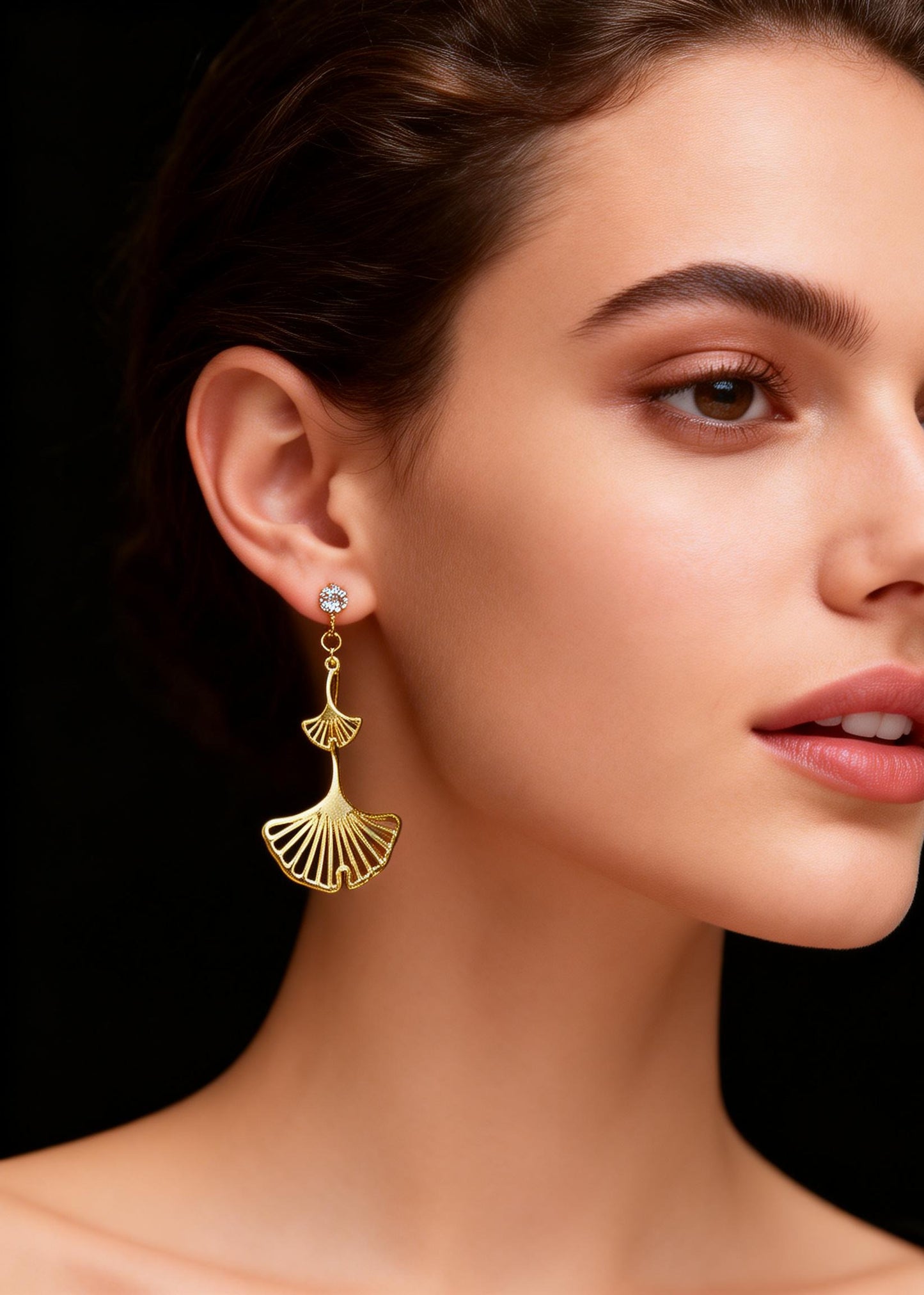 Vintage Golden Ginkgo Leaf Zircon Drop Earrings