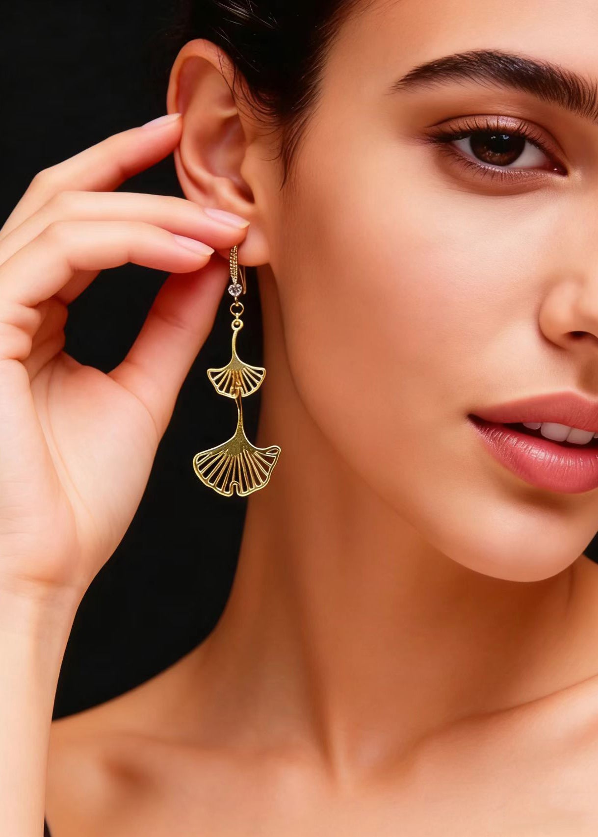 Vintage Golden Ginkgo Leaf Zircon Drop Earrings