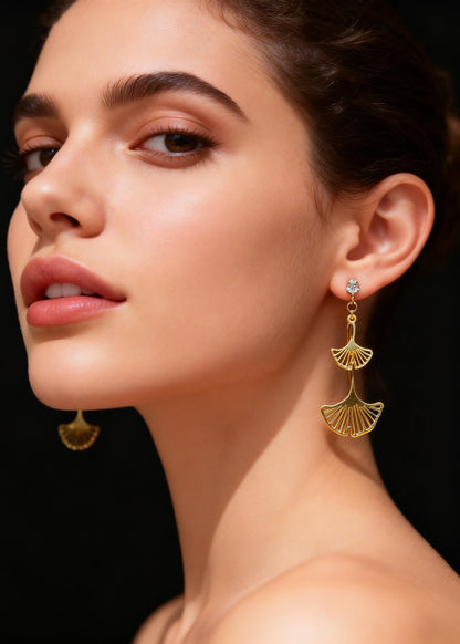 Vintage Golden Ginkgo Leaf Zircon Drop Earrings