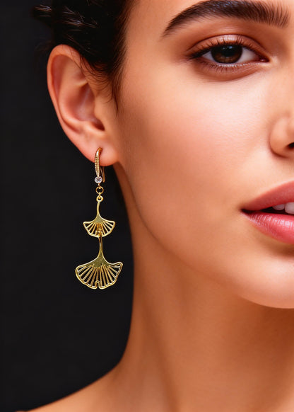 Vintage Golden Ginkgo Leaf Zircon Drop Earrings