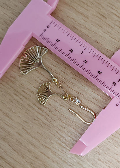 Vintage Golden Ginkgo Leaf Zircon Drop Earrings