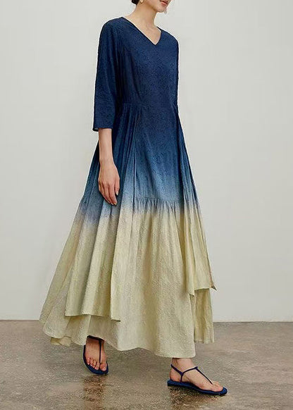 Vintage Gradient Blue Green Jacquard V Neck Cotton Long Dress Spring
