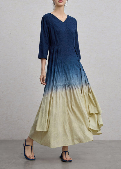 Vintage Gradient Blue Green Jacquard V Neck Cotton Long Dress Spring