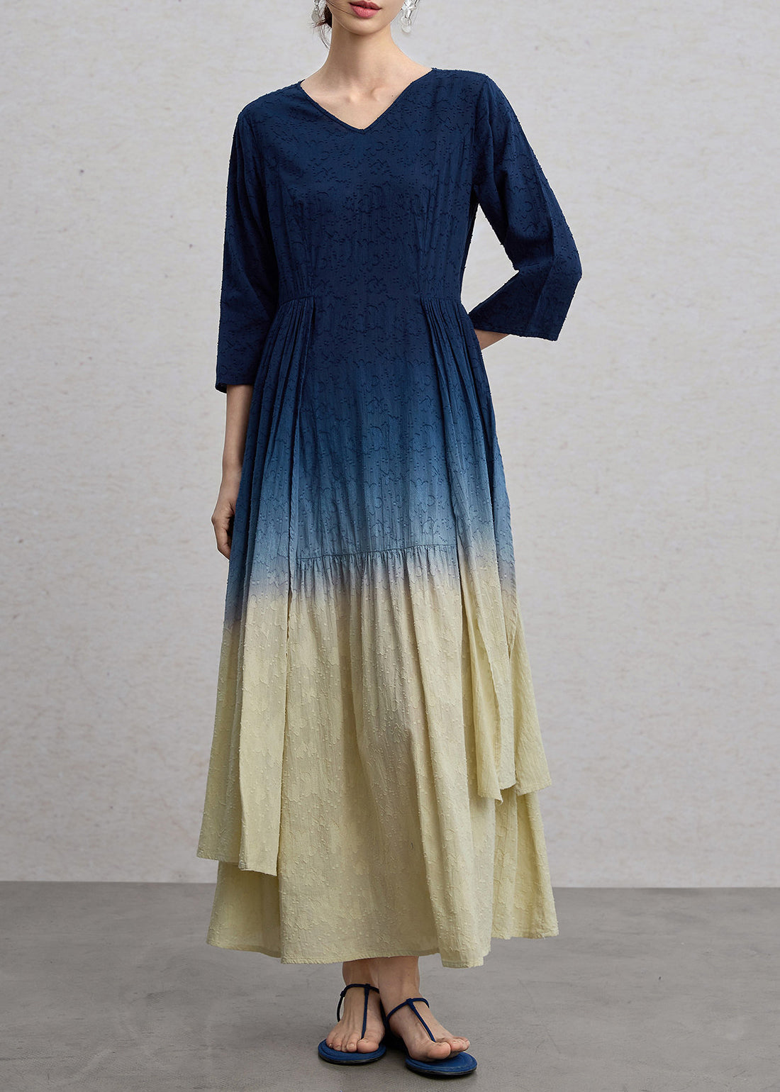 Vintage Gradient Blue Green Jacquard V Neck Cotton Long Dress Spring