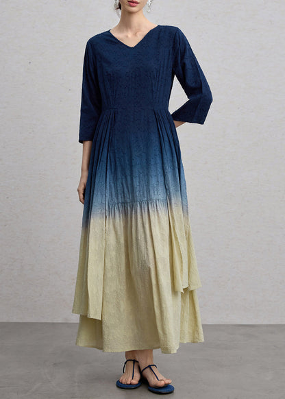 Vintage Gradient Blue Green Jacquard V Neck Cotton Long Dress Spring